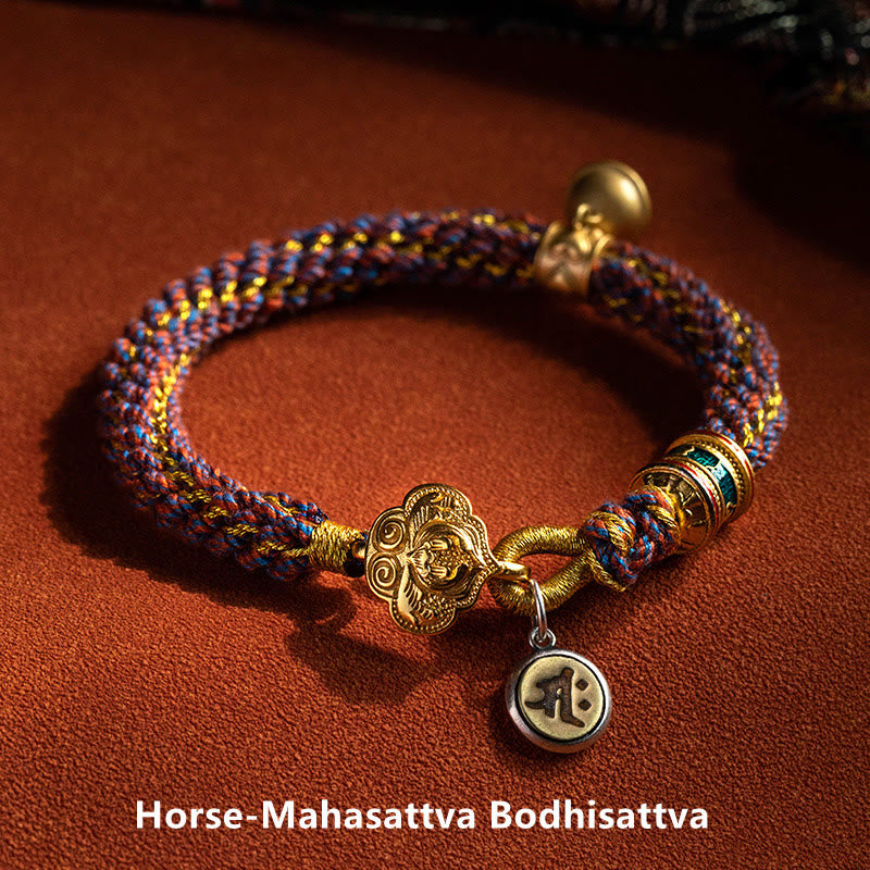 Nimara Ritual 925 Sterling Silver Chinese Zodiac Natal Buddha Om Mani Padme Hum Luck Bell Braided String Bracelet