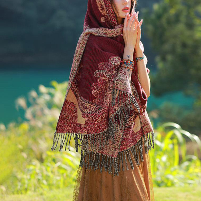 Nimara Ritual Tibetan Vine Leaves Pattern Design Shawl Cozy Travel Scarf Wrap