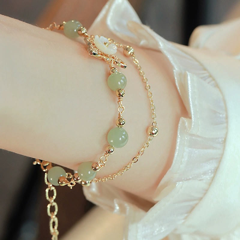 Nimara Ritual 14K Gold Plated Jade Butterfly Tridacna Stone Flower Double Layer Luck Bracelet