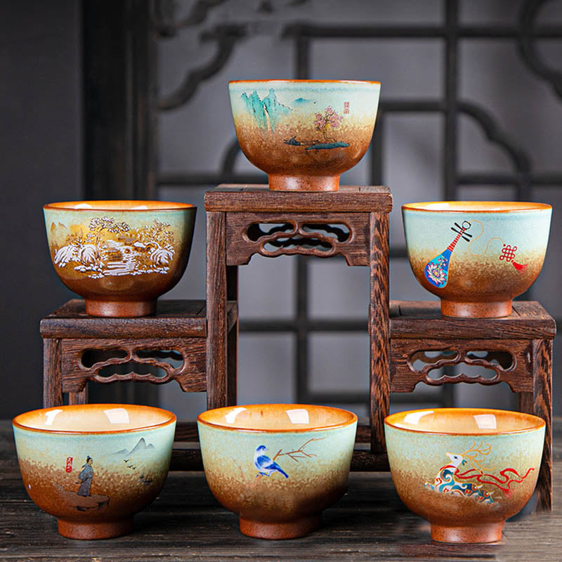 Nimara Ritual Colorful Deer Pipa Snow Plum Blossoms Mountains Rivers Bird Ceramic Teacup Kung Fu Tea Cup Bowl