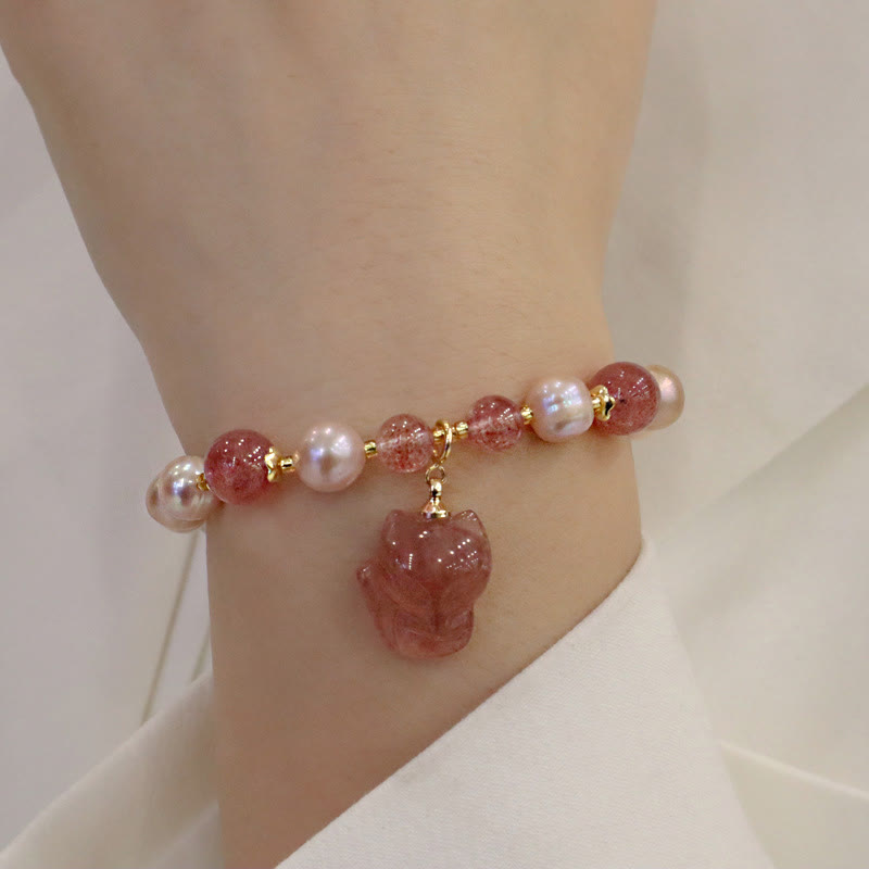 Nimara Ritual Natural Pearl Strawberry Quartz Cute Fox Love Healing Charm Bracelet
