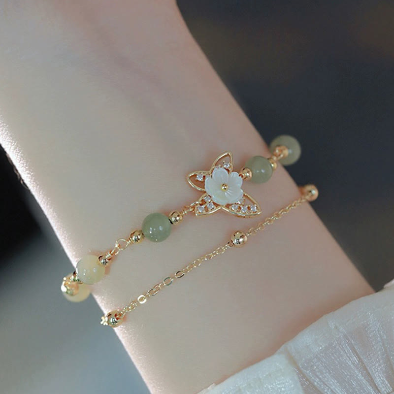 Nimara Ritual 14K Gold Plated Jade Butterfly Tridacna Stone Flower Double Layer Luck Bracelet