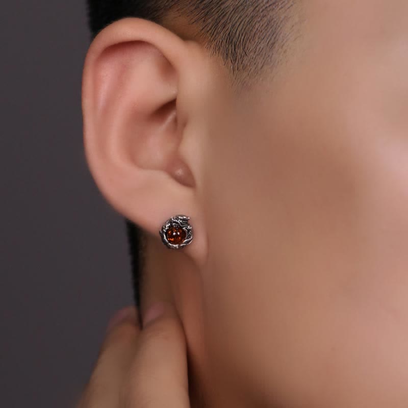 Nimara Ritual 925 Sterling Silver Natural Amber Dragon Success Protection Stud Earring