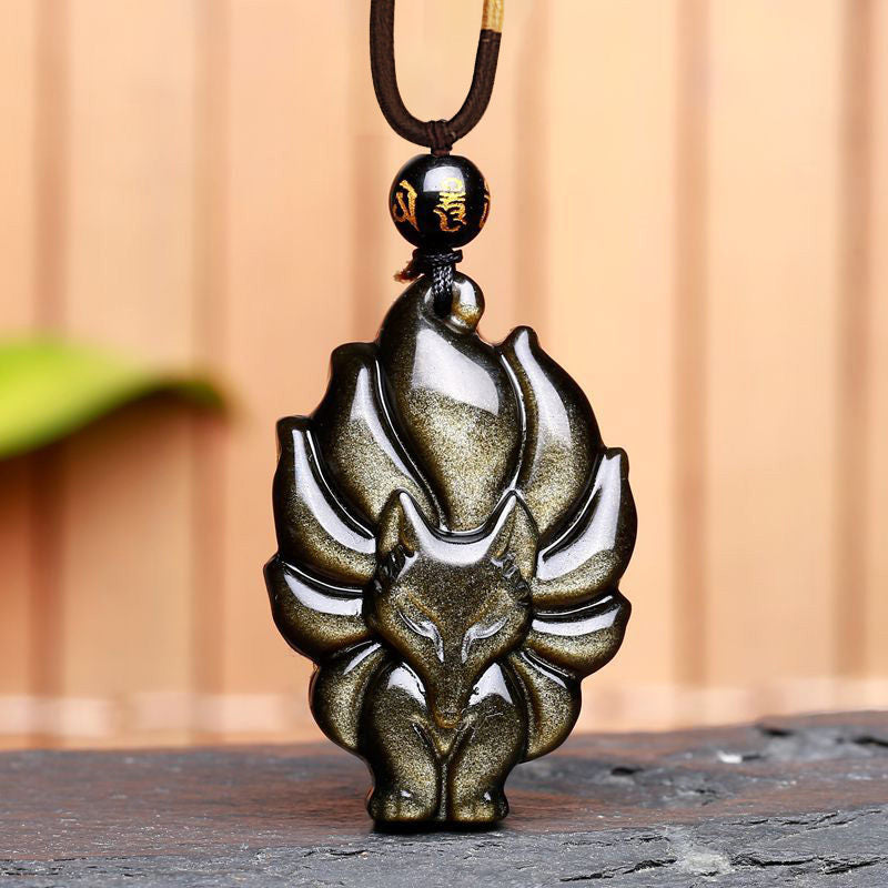 Nimara Ritual Natural Rainbow Obsidian Gold Sheen Obsidian Nine Tailed Fox Positive Necklace Pendant