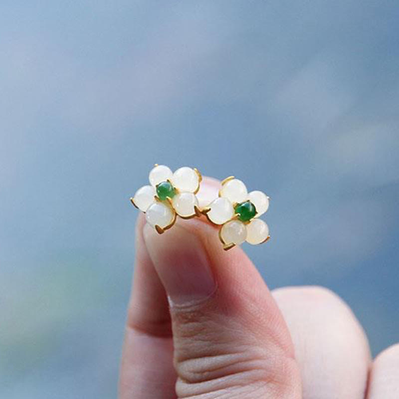 Nimara Ritual White Jade Flower Luck Blessing Stud Earrings