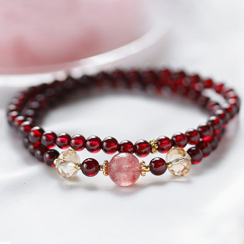 Nimara Ritual 14K Gold Plated Natural Garnet Strawberry Quartz Stability Double Wrap Bracelet