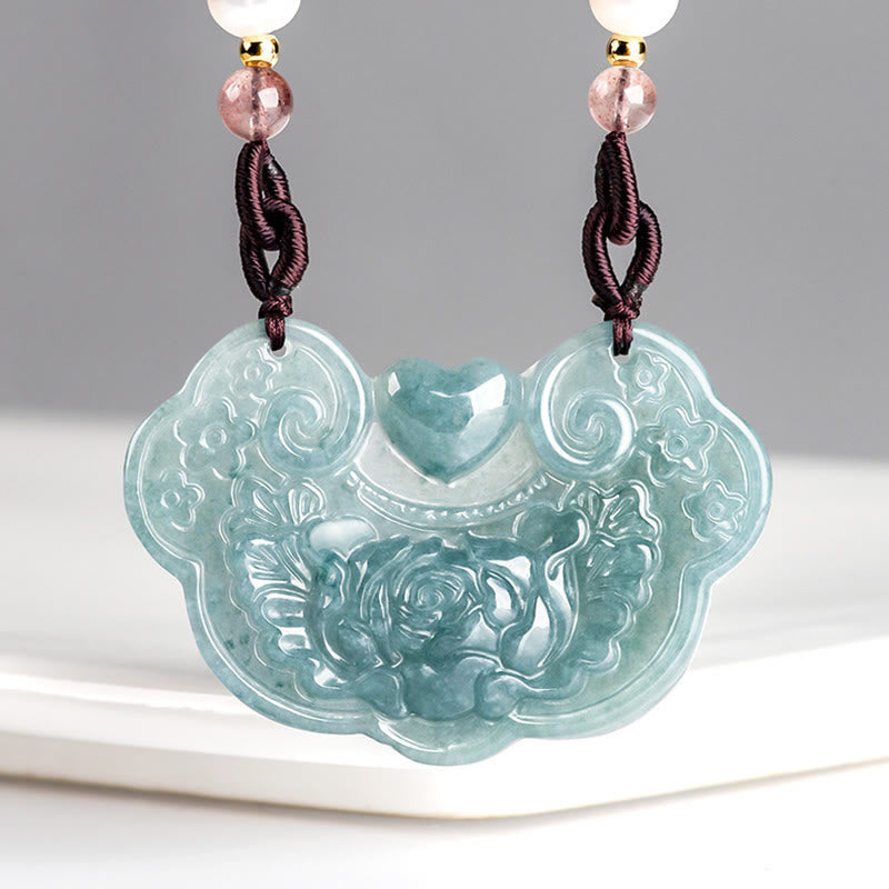 Nimara Ritual Natural Jade Peony Flower Lock of Good Wishes Prosperity Necklace Pendant