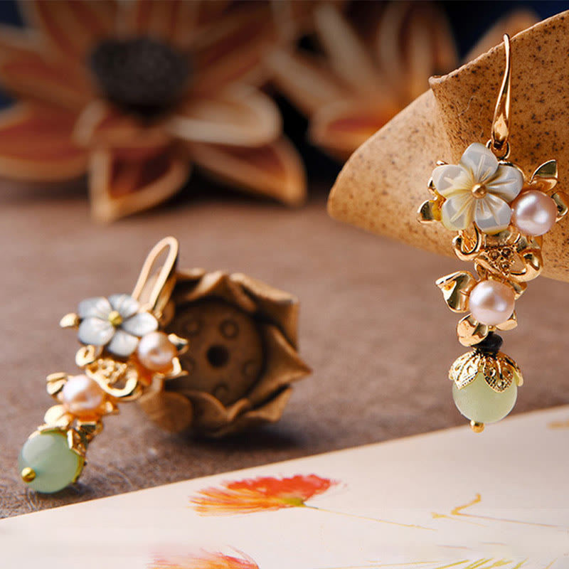 Nimara Ritual 14K Gold Plated Tridacna Stone Flower Pearl Green Aventurine Bead Drop Earrings