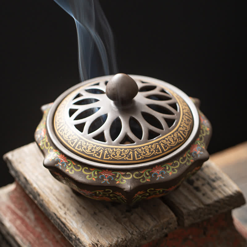 Nimara Ritual Tibetan Floral Pattern Ceramic Blessing Incense Burner Decoration
