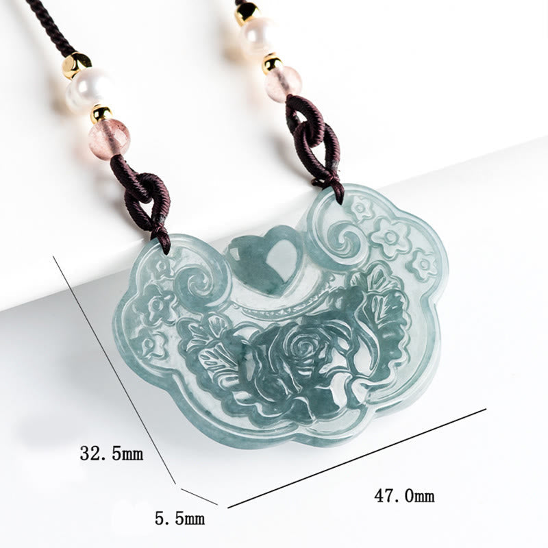 Nimara Ritual Natural Jade Peony Flower Lock of Good Wishes Prosperity Necklace Pendant