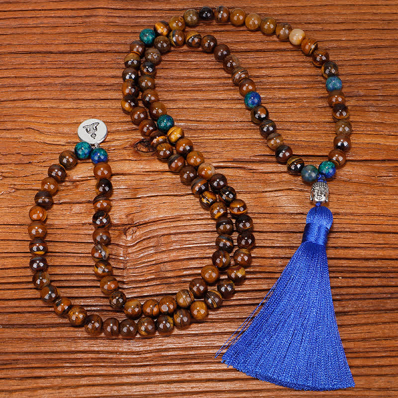 Nimara Ritual 108 Mala Beads Tiger Eye Buddha Strength Bracelet Tassel Necklace Pendant