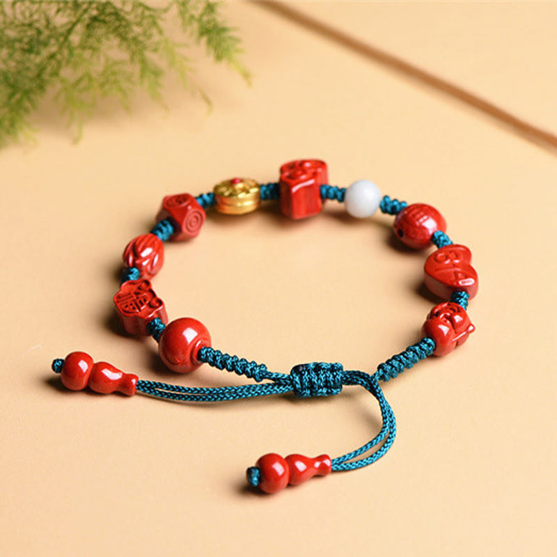 Nimara Ritual Natural Cinnabar Gourd Om Mani Padme Hum Laughing Buddha Blessing String Bracelet