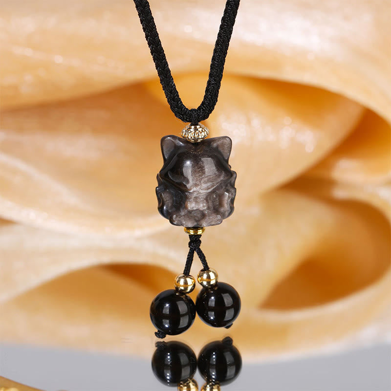 Nimara Ritual Natural Silver Sheen Obsidian Nine Tailed Fox Protection Necklace Pendant