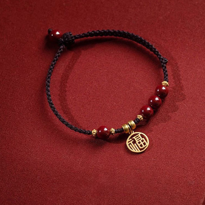 Nimara Ritual Cinnabar Bead Fu Character Charm Blessing Braided String Bracelet
