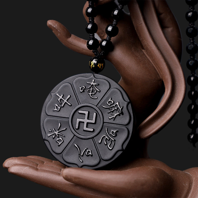 Nimara Ritual Natural Black Obsidian Tibetan Om Mani Padme Hum Buddha Swastika Luck Necklace Pendant
