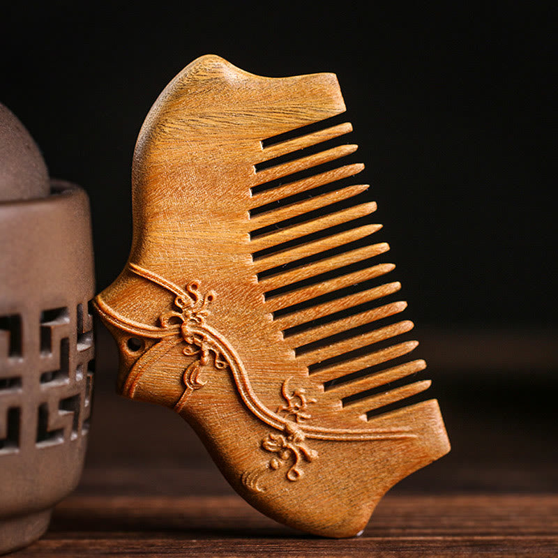Nimara Ritual Green Sandalwood Flower Pattern Engraved Soothing Comb