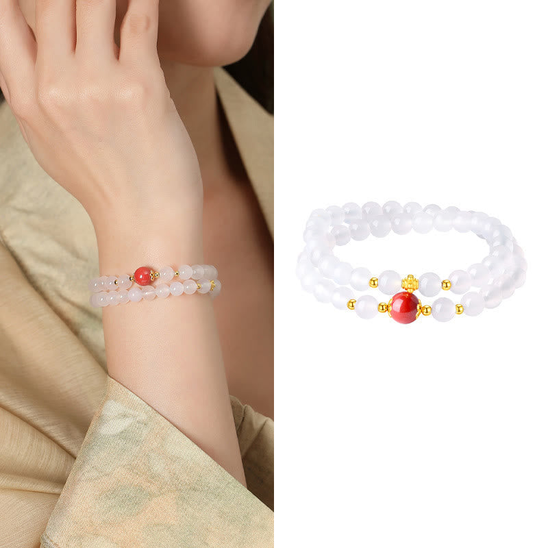 Nimara Ritual 925 Sterling Silver Natural White Agate Cinnabar Double Wrap Protection Bracelet