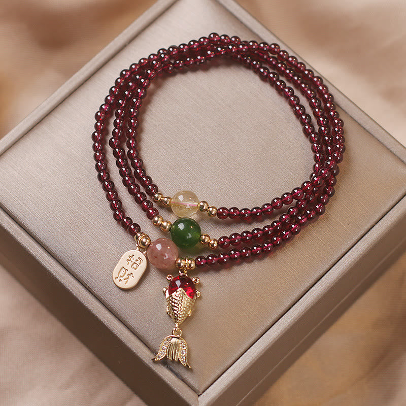 Nimara Ritual Natural Garnet Strawberry Quartz Crystal Fox Koi Fish Peace Buckle Fortune Protection Triple Wrap Bracelet