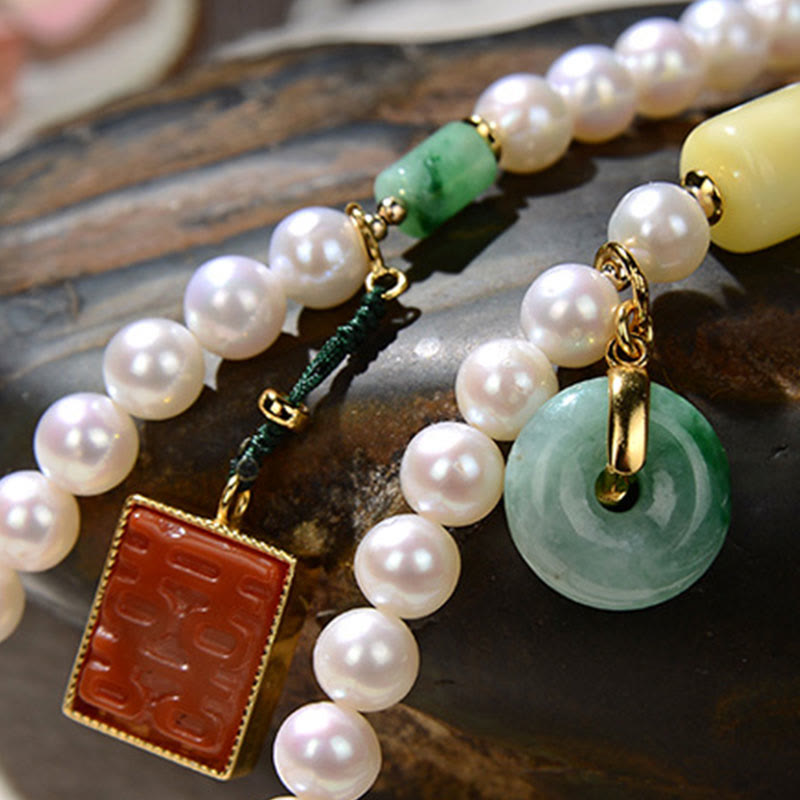 Nimara Ritual 925 Sterling Silver Pearl Hetian Jade Red Agate Double Happiness Amber Luck Quadruple Wrap Bracelet