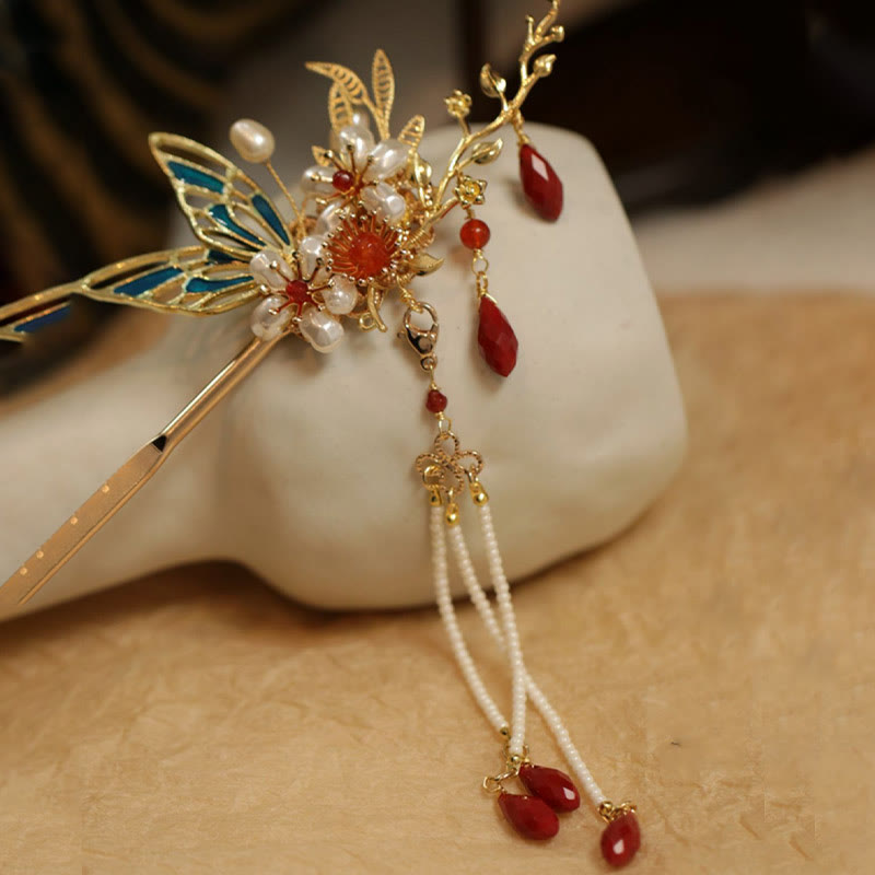 Nimara Ritual Classical Chinese Style Flower Branche Butterfly Pearl Tassel Hair Clip Hair Comb Hair Crown