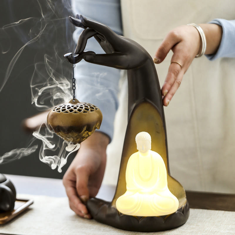 Nimara Ritual Led Buddha Hand Backflow Smoke Fountain Healing Ceramic Stick Incense Burner Decoration