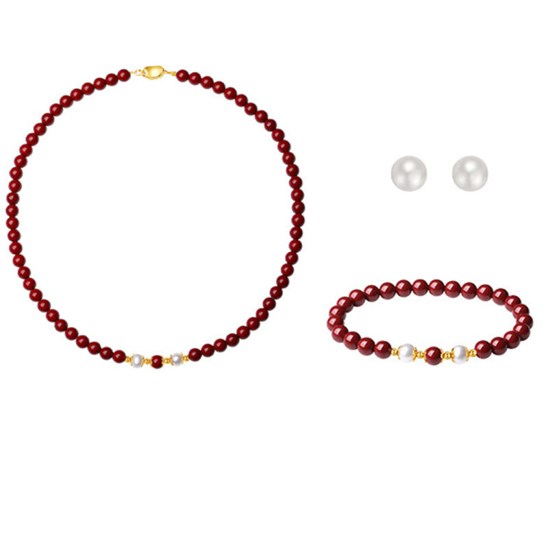 Nimara Ritual 925 Sterling Silver Natural Cinnabar Pearl Blessing Necklace Pendant Bracelet Earrings Jewelry Set