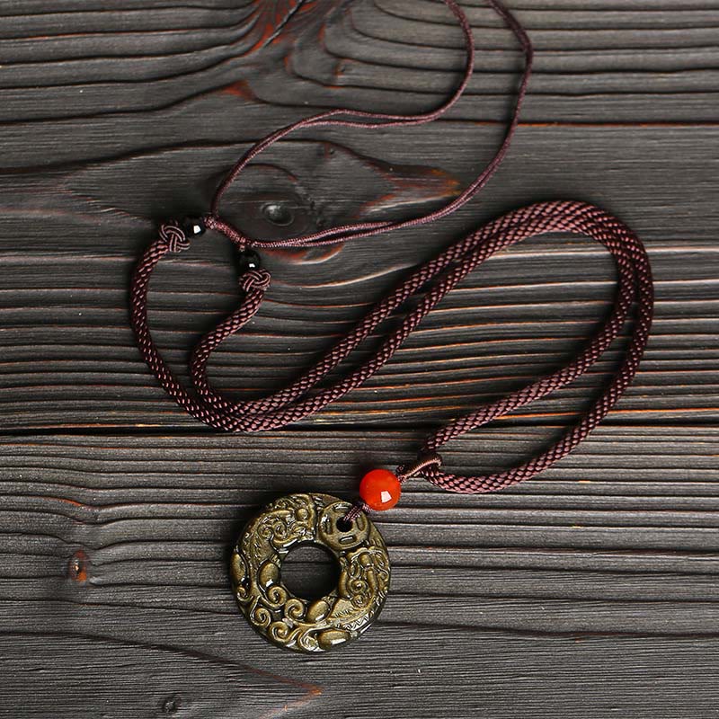 Nimara Ritual Gold Sheen Obsidian Peace Buckle Pixiu Copper Coin Wealth Necklace Pendant