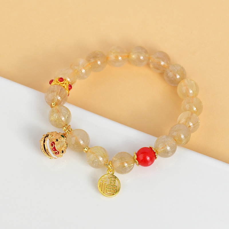 Nimara Ritual Natural Golden Rutilated Quartz Fu Character Charm Bell Wealth Bracelet