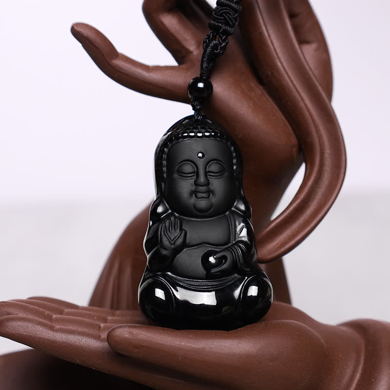 Nimara Ritual Natural Black Obsidian Crystal Buddha Strength Protection Amulet Lucky Charm Pendant Necklace