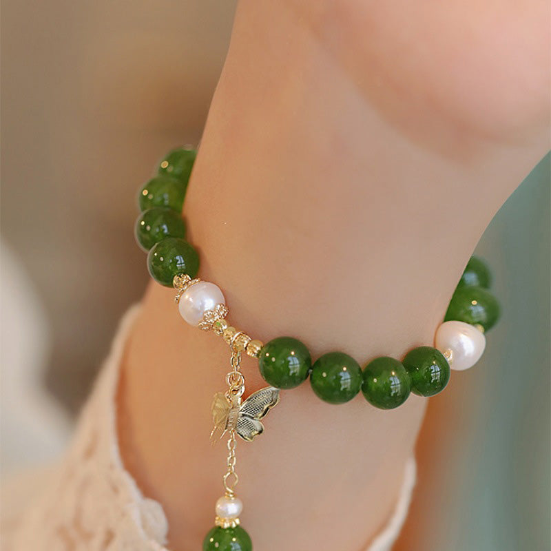 Nimara Ritual Natural Green Chalcedony Pearl Butterfly Courage Strength Bracelet