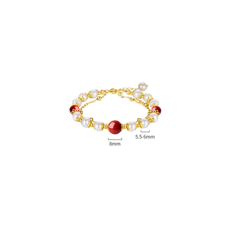 Nimara Ritual 925 Sterling Silver Pearl Cinnabar Wisdom Bead Double Layer Chain Bracelet