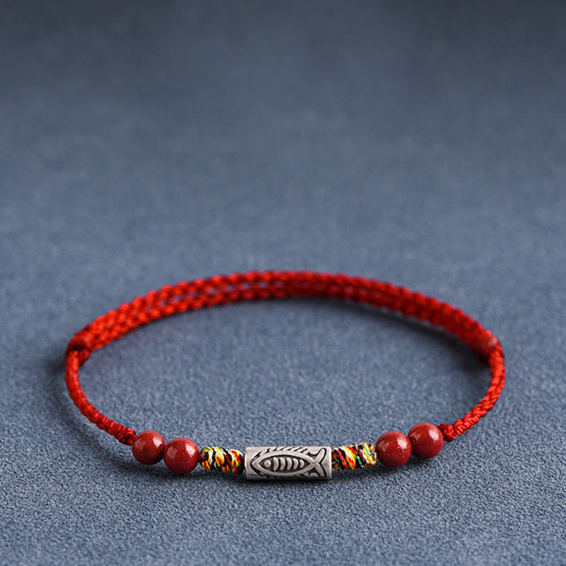 Nimara Ritual 925 Sterling Silver Koi Fish Cinnabar Bead Wealth Handcrafted Braided Bracelet Anklet