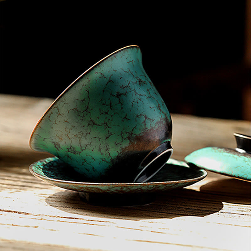 Nimara Ritual Retro Green Glaze Ceramic Gaiwan Sancai Teacup Kung Fu Tea Cup And Saucer With Lid