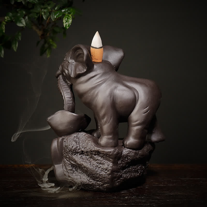 Nimara Ritual Tibetan Elephant Purple Clay Backflow Smoke Fountain Peace Healing Incense Burner Decoration