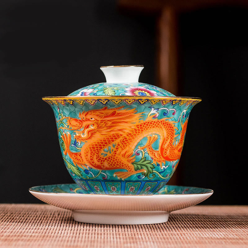 Nimara Ritual Dragon Phoenix Flower Design Ceramic Gaiwan Sancai Teacup Kung Fu Tea Cup And Saucer With Lid