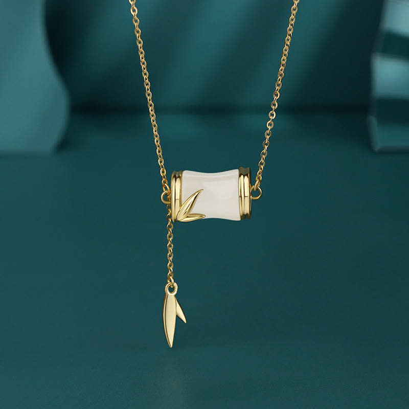 Nimara Ritual 925 Sterling Silver 22K Gold Hetian White Jade Bamboo Leaf Luck Necklace Pendant Bracelet
