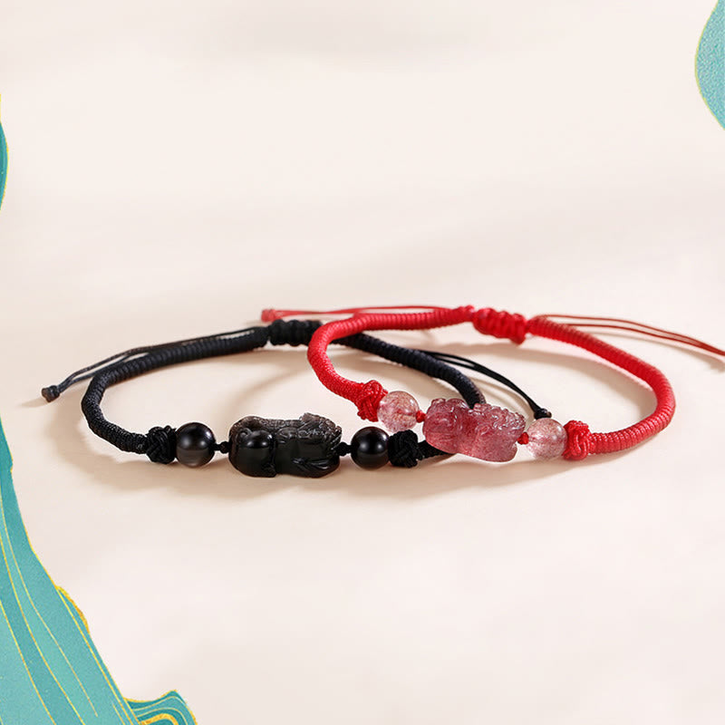 Nimara Ritual Handmade Natural Silver Sheen Obsidian Strawberry Quartz PiXiu Protection Braided Bracelet