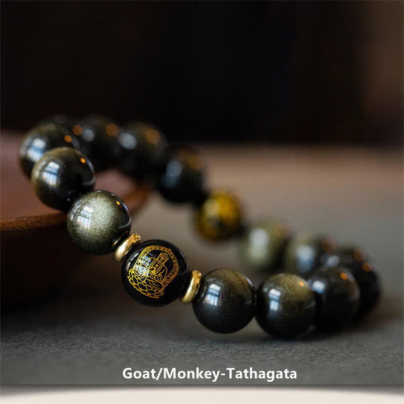 Nimara Ritual Chinese Zodiac Natal Buddha Gold Sheen Obsidian Wealth Protection Bracelet