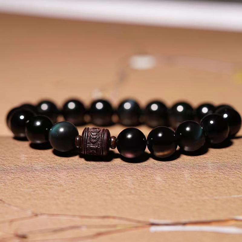 Nimara Ritual Natural Gold Sheen Obsidian Rainbow Obsidian Om Mani Padme Hum Fu Character Healing Bracelet