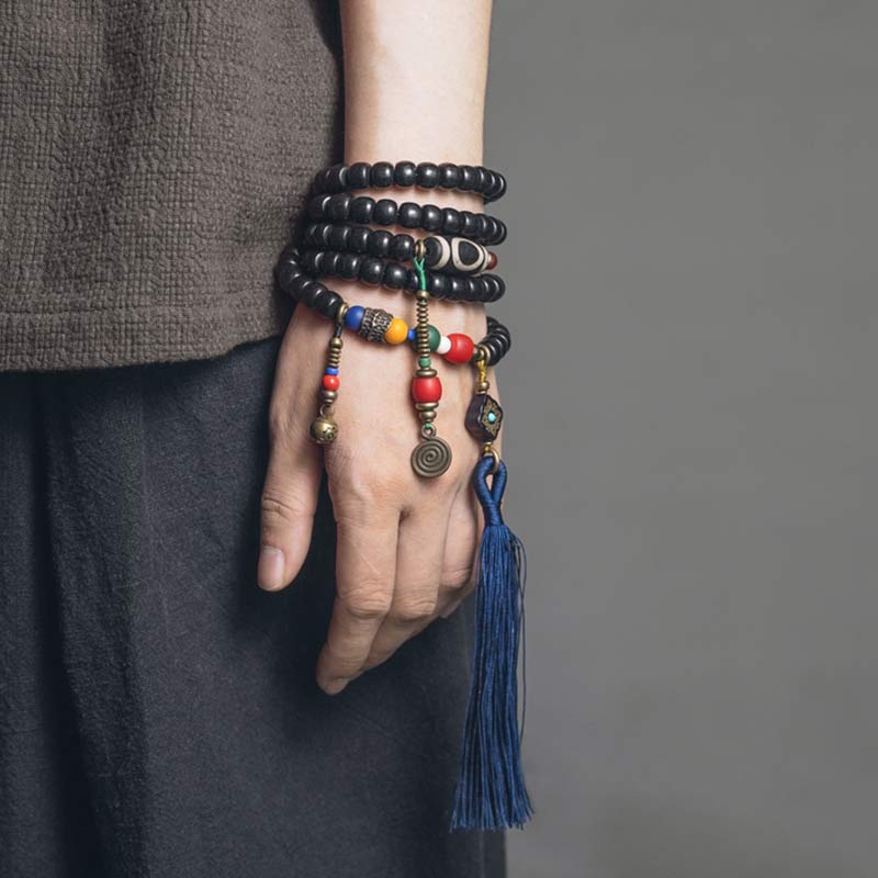 Nimara Ritual 108 Beads Mala Ebony Wood Dzi Bead Copper Balance Tassel Bracelet