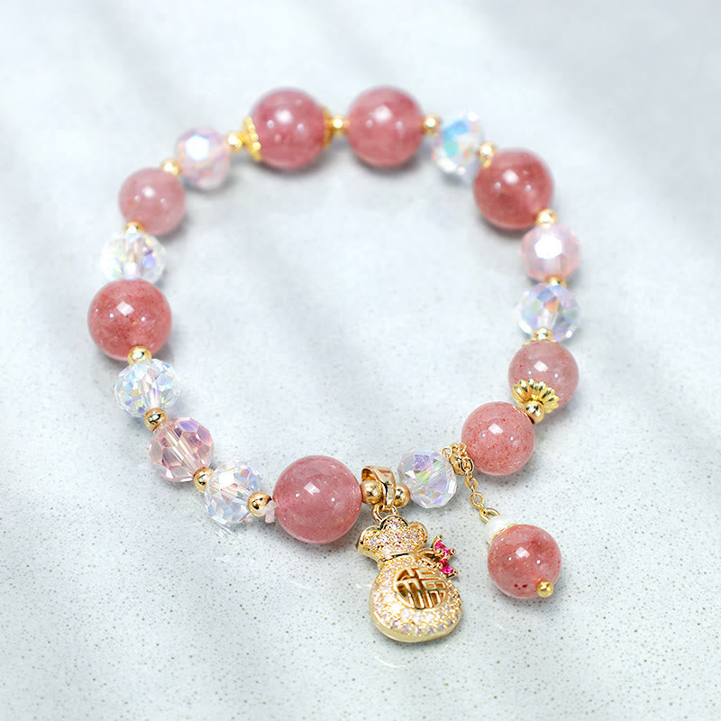 Love Healing Natural Strawberry Quartz Money Bag Charm Positive Bracelet