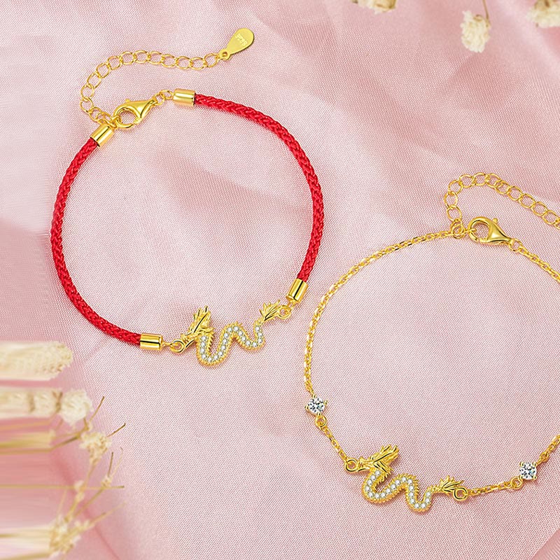 Nimara Ritual 925 Sterling Silver Year Of The Dragon Auspicious Golden Dragon Luck Red Rope Chain Bracelet