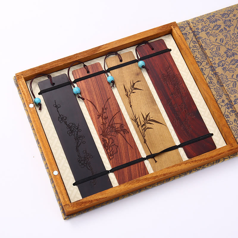Nimara Ritual 4Pcs Four Seasons Plum Orchid Bamboo Chrysanthemum Peking Opera Mask Wood Bookmarks With Gift Box