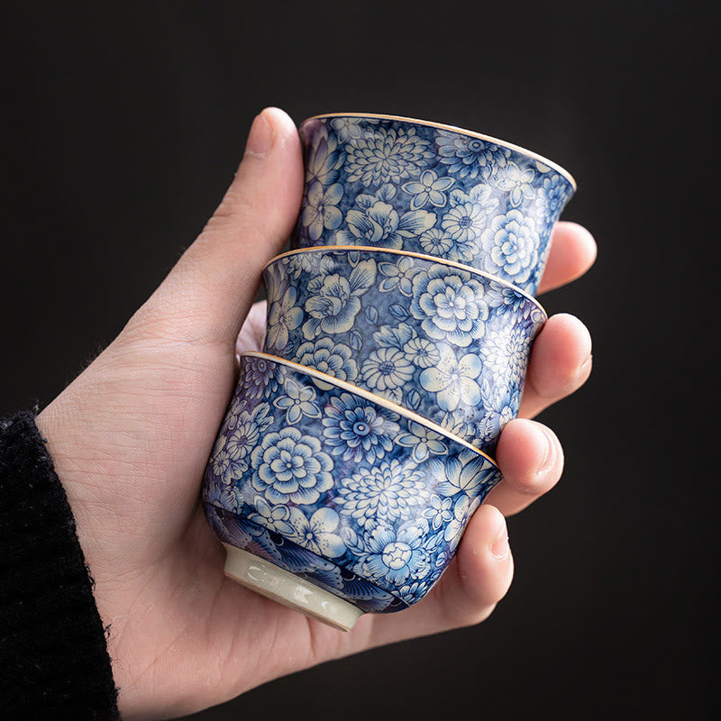 Nimara Ritual Vintage Lotus Peony Plum Blossom Chrysanthemum Ceramic Teacup Tea Cups