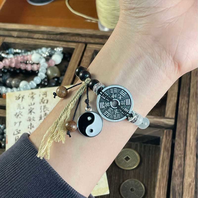 Nimara Ritual Cat's Eye Ebony Wood Yin Yang Bagua Coin Support Rope Bracelet