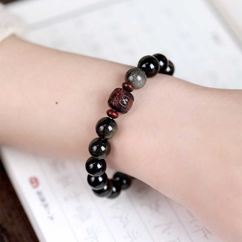 Nimara Ritual Natural Gold Sheen Obsidian Rainbow Obsidian Om Mani Padme Hum Fu Character Healing Bracelet