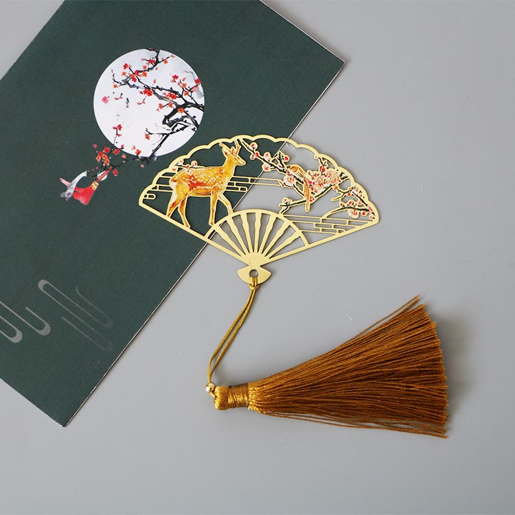 Nimara Ritual Traditional Butterfly Lotus Flower Crane Dragon Phoenix Fox Koi Fish New Beginning Metal Brass Hollow Fan Bookmarks