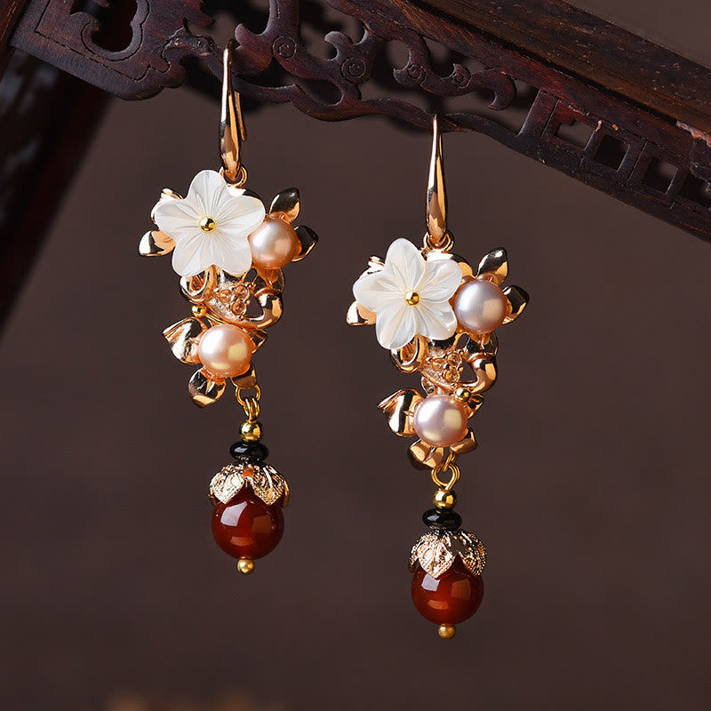 Nimara Ritual 14K Gold Plated Tridacna Stone Flower Pearl Green Aventurine Bead Drop Earrings