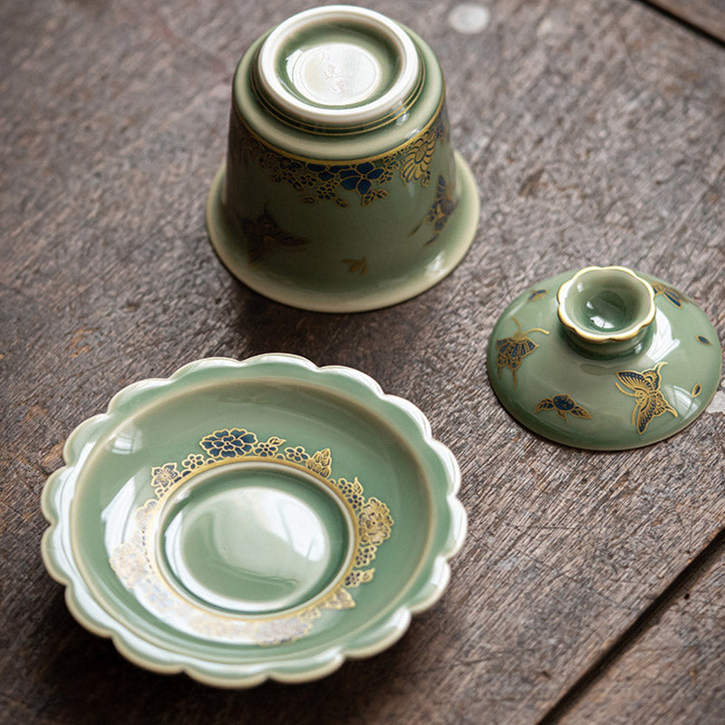 Nimara Ritual Green Porcelain Butterfly Flower Salmon Fish Ceramic Gaiwan Sancai Teacup Kung Fu Tea Cup And Saucer With Lid