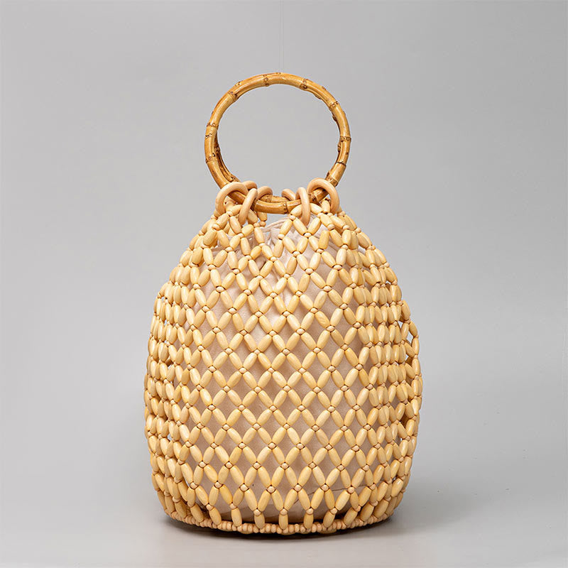 Nimara Ritual Hand-woven Wooden Beads Bamboo Handle Shoulder Bag Handbag